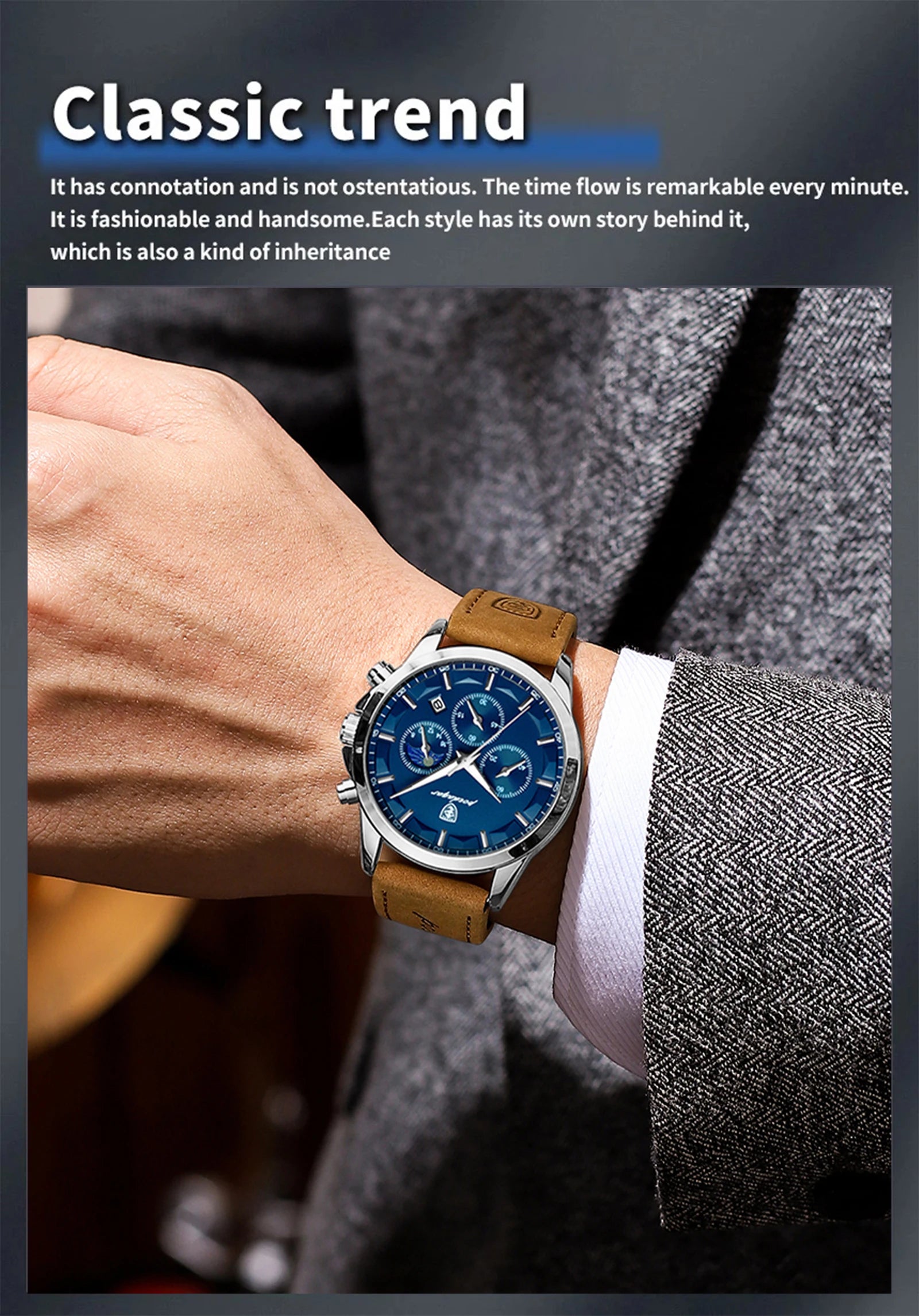 POEDAGAR Fashion Original Men's Watches Leather Date Chronograph Quartz Watch for Man Waterproof Luminous Casual New Trend Watch