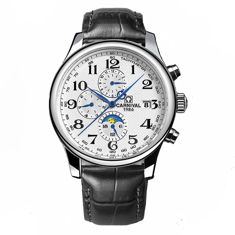 CARNIVAL Moon Phase Date Men's Watches Luxury Brand Automatic Mechanical Watch Men Business Leather Clock Reloj Hombre