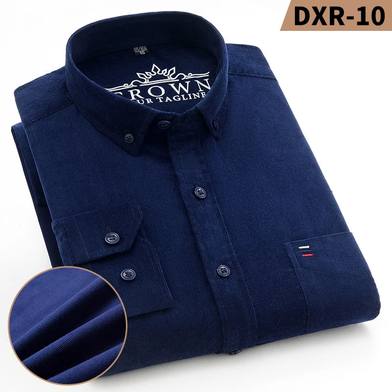Autumn Winter Men Long Sleeve Regular Fit Business    Solid Corduroy100%  Cotton Casual Shirt for Mens Office Shirts with Pocket
