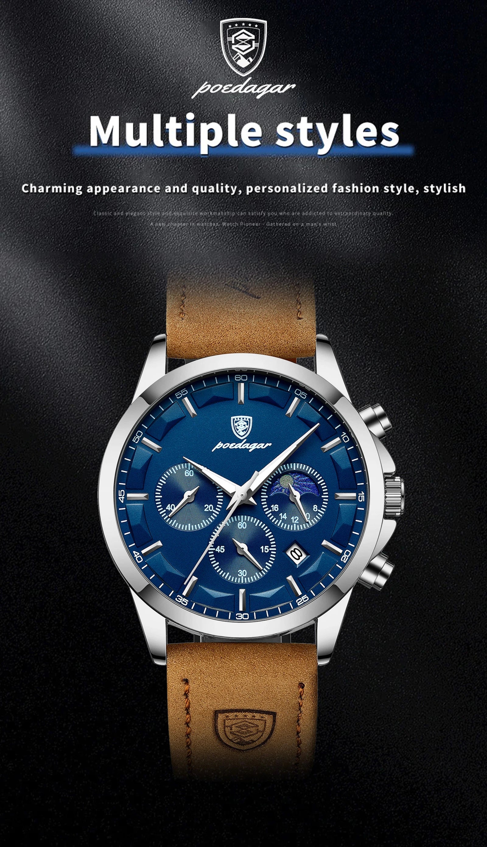 POEDAGAR Fashion Original Men's Watches Leather Date Chronograph Quartz Watch for Man Waterproof Luminous Casual New Trend Watch