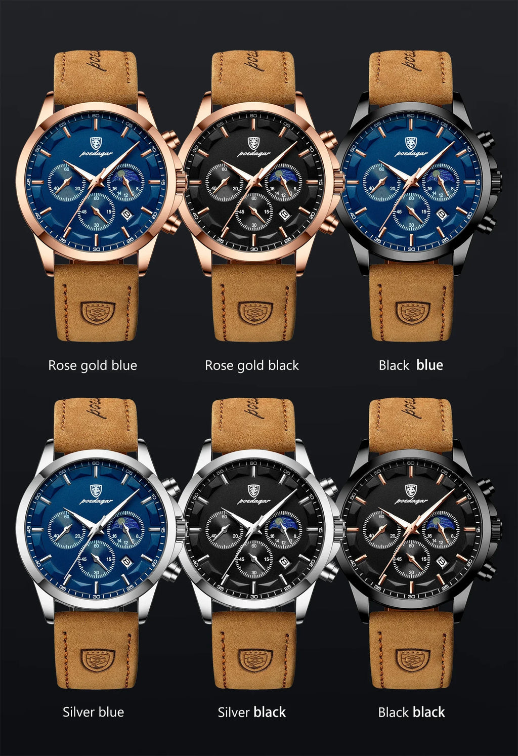 POEDAGAR Fashion Original Men's Watches Leather Date Chronograph Quartz Watch for Man Waterproof Luminous Casual New Trend Watch