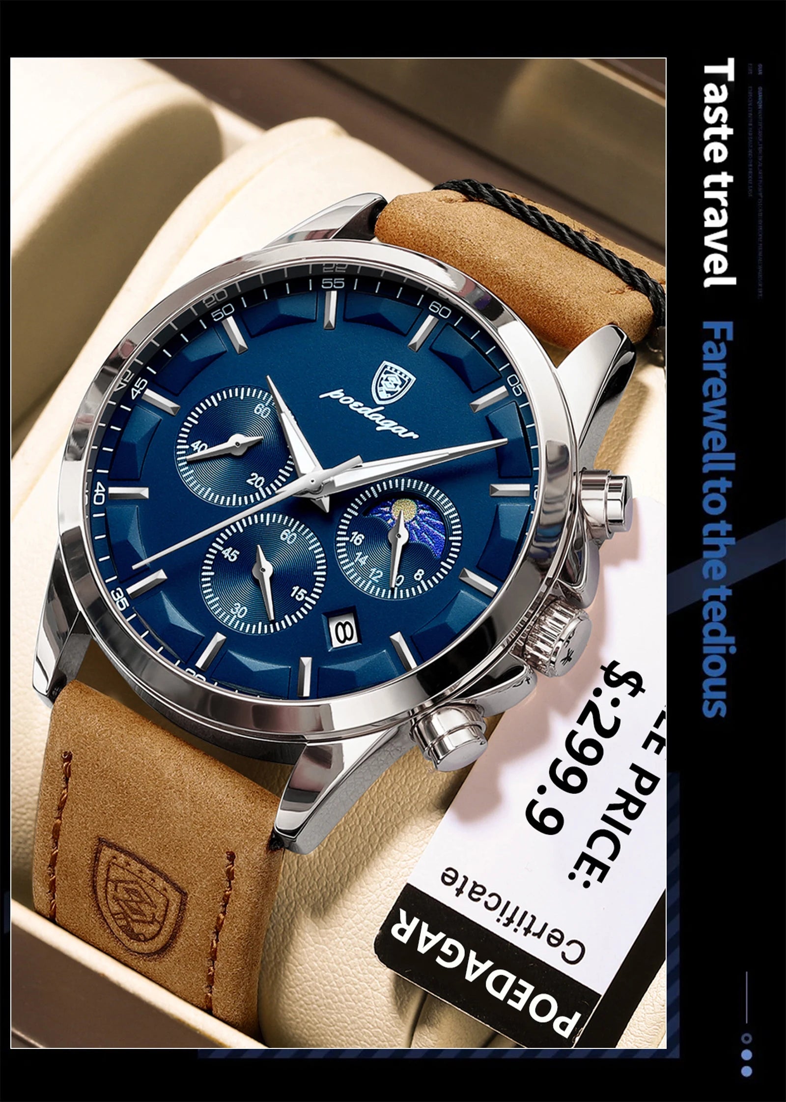 POEDAGAR Fashion Original Men's Watches Leather Date Chronograph Quartz Watch for Man Waterproof Luminous Casual New Trend Watch