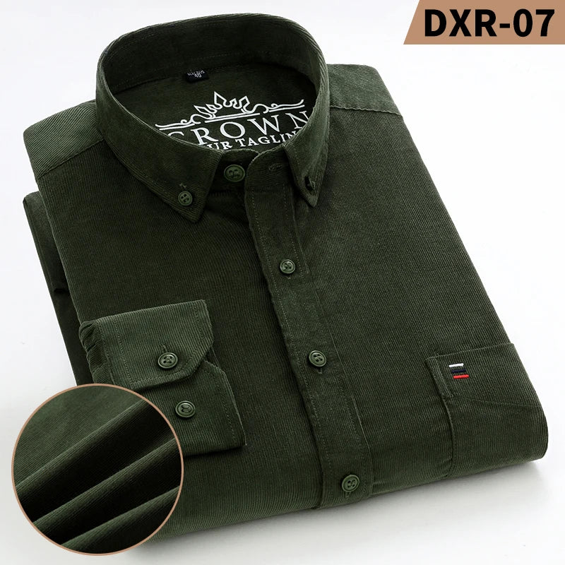 Autumn Winter Men Long Sleeve Regular Fit Business    Solid Corduroy100%  Cotton Casual Shirt for Mens Office Shirts with Pocket