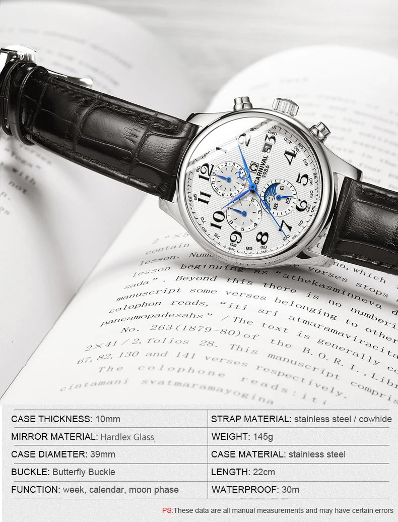 CARNIVAL Moon Phase Date Men's Watches Luxury Brand Automatic Mechanical Watch Men Business Leather Clock Reloj Hombre