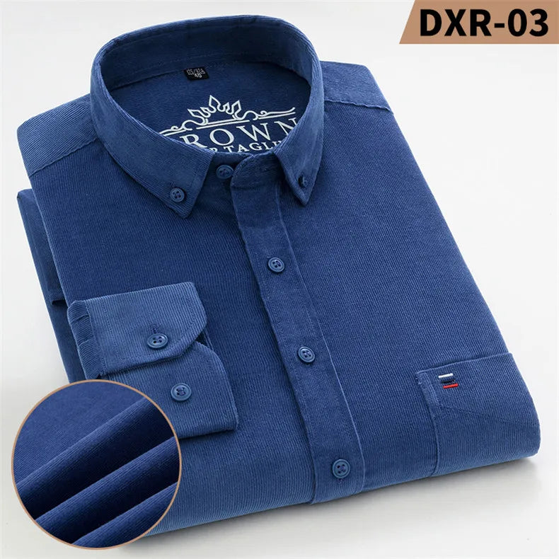 Autumn Winter Men Long Sleeve Regular Fit Business    Solid Corduroy100%  Cotton Casual Shirt for Mens Office Shirts with Pocket