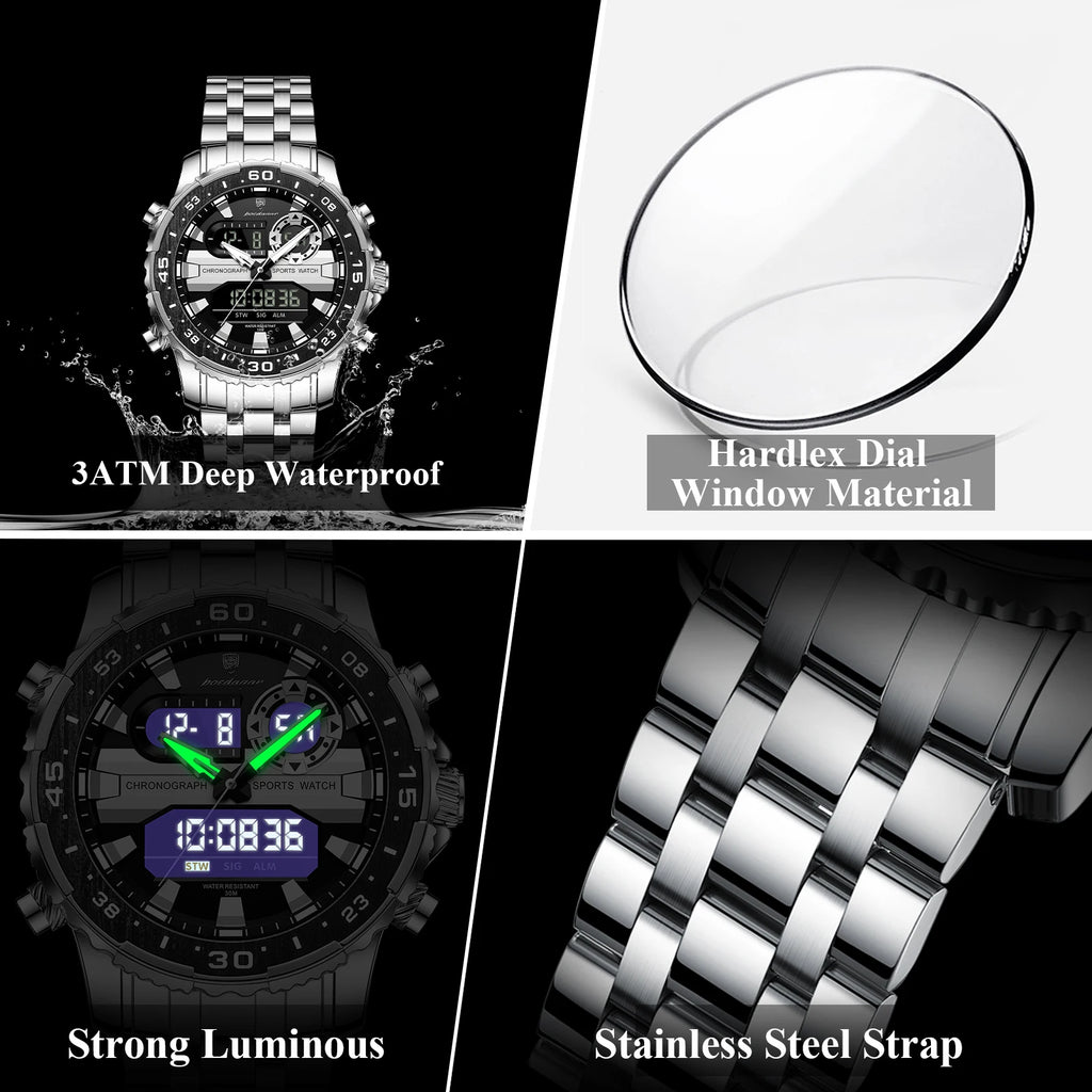 POEDAGAR Military Man Watch Week Date LED Luminous Sports Men Watch Dual Time Digital Electronic Men's Quartz Watches Reloj Gift