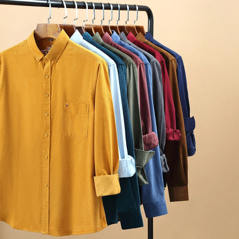 Autumn Winter Men Long Sleeve Regular Fit Business    Solid Corduroy100%  Cotton Casual Shirt for Mens Office Shirts with Pocket