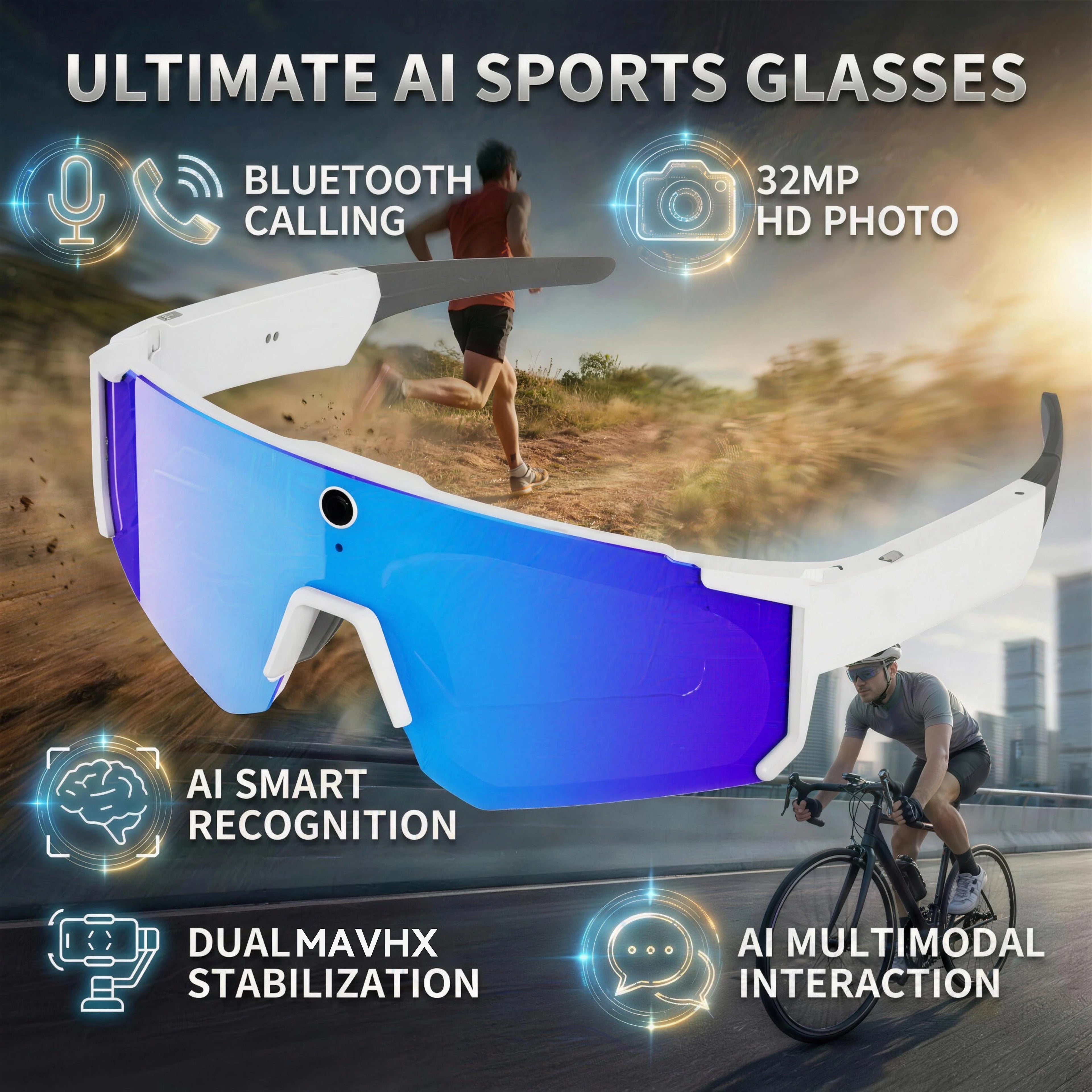 1200P Video Recording Smart Glasses AI Voice Control Translation Bluetooth Sunglasses Polarized Anti-Shake Outdoor Sport Eyewear