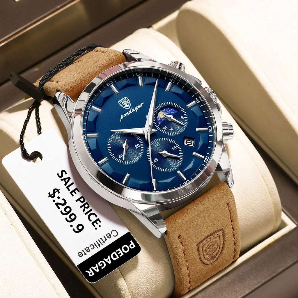 POEDAGAR Fashion Original Men's Watches Leather Date Chronograph Quartz Watch for Man Waterproof Luminous Casual New Trend Watch