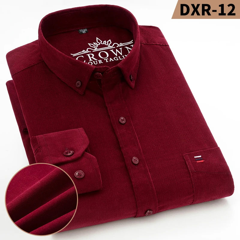 Autumn Winter Men Long Sleeve Regular Fit Business    Solid Corduroy100%  Cotton Casual Shirt for Mens Office Shirts with Pocket