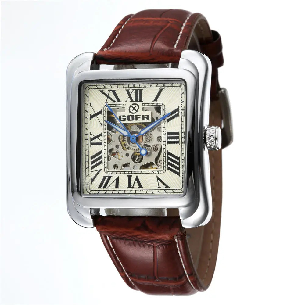 Fashion Square Watch Men Mechanical Watches T-GOER Leather Band Skeleton Automatic Mechanical Wristwatches Relogio Masculino