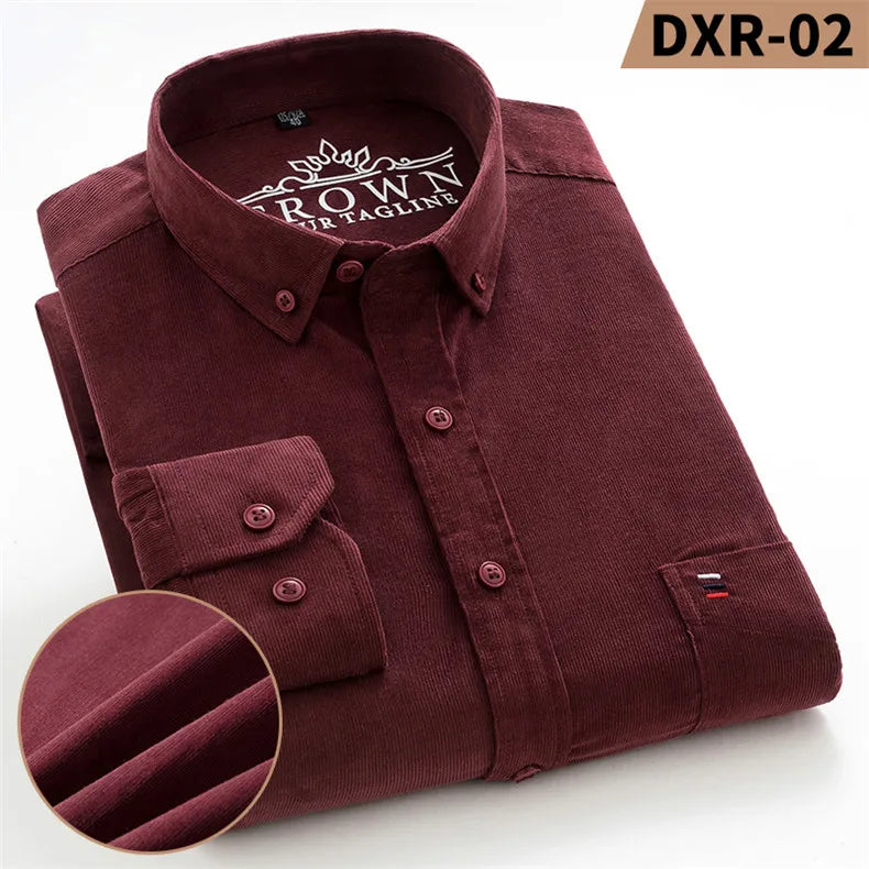 Autumn Winter Men Long Sleeve Regular Fit Business    Solid Corduroy100%  Cotton Casual Shirt for Mens Office Shirts with Pocket