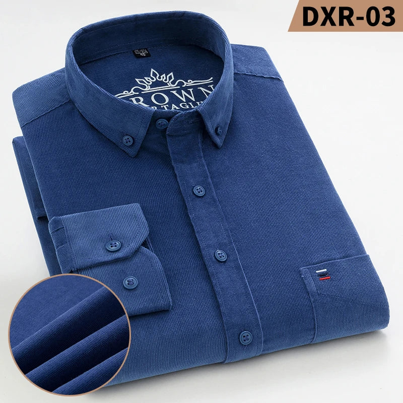 Autumn Winter Men Long Sleeve Regular Fit Business    Solid Corduroy100%  Cotton Casual Shirt for Mens Office Shirts with Pocket