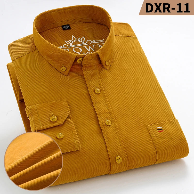 Autumn Winter Men Long Sleeve Regular Fit Business    Solid Corduroy100%  Cotton Casual Shirt for Mens Office Shirts with Pocket