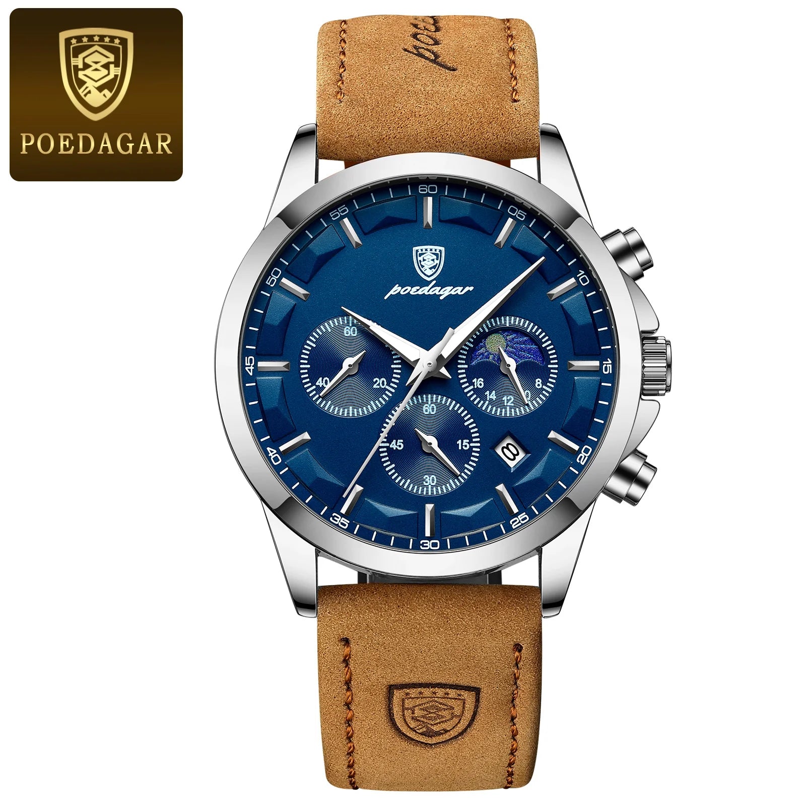 POEDAGAR Fashion Original Men's Watches Leather Date Chronograph Quartz Watch for Man Waterproof Luminous Casual New Trend Watch