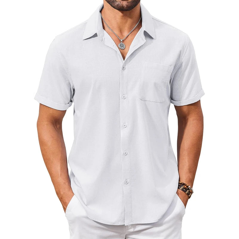 Summer Men's Cotton Short Sleeve Shirt Vintage Casual Beach T-shirt Breathable Oversize Streetwear Collar Tshirts with Pocket