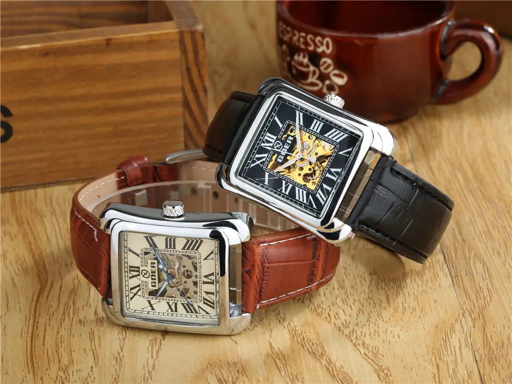 Fashion Square Watch Men Mechanical Watches T-GOER Leather Band Skeleton Automatic Mechanical Wristwatches Relogio Masculino