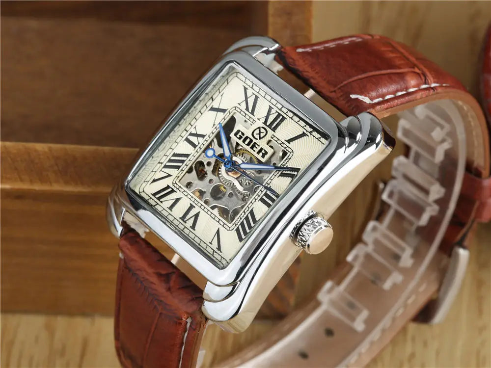Fashion Square Watch Men Mechanical Watches T-GOER Leather Band Skeleton Automatic Mechanical Wristwatches Relogio Masculino