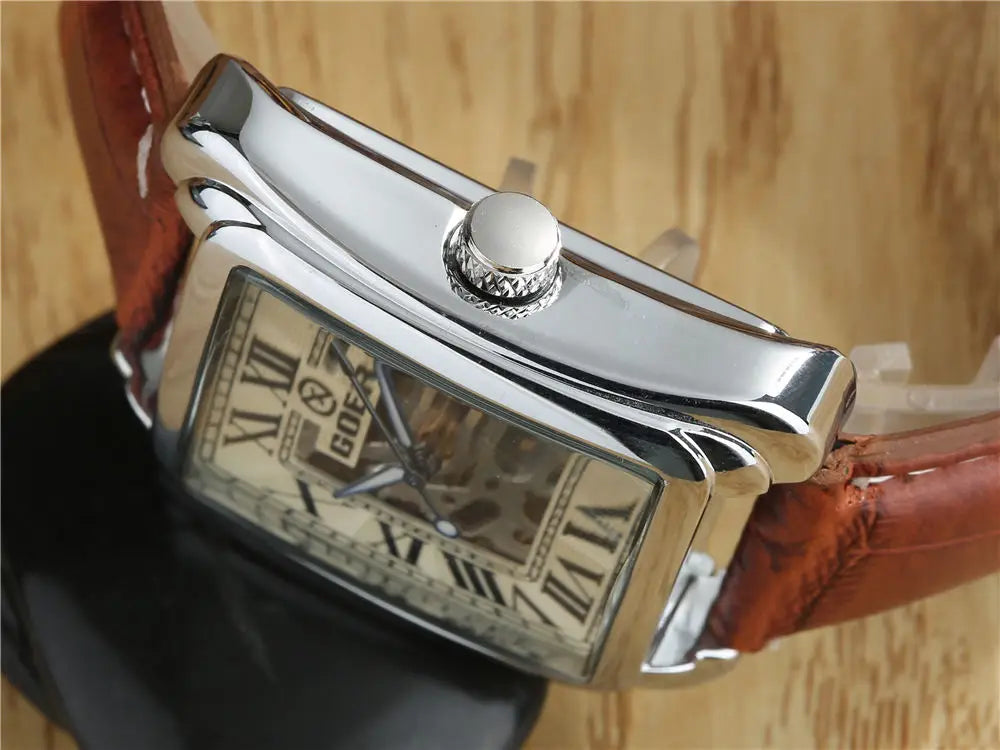 Fashion Square Watch Men Mechanical Watches T-GOER Leather Band Skeleton Automatic Mechanical Wristwatches Relogio Masculino