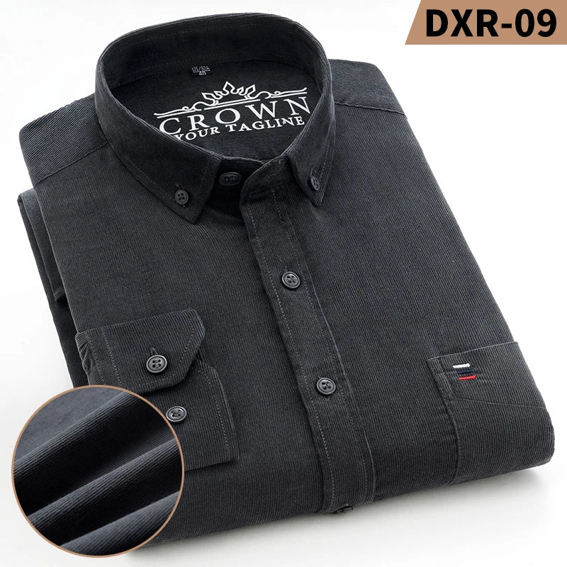 Autumn Winter Men Long Sleeve Regular Fit Business    Solid Corduroy100%  Cotton Casual Shirt for Mens Office Shirts with Pocket