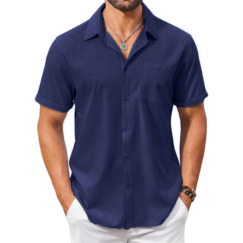 Summer Men's Cotton Short Sleeve Shirt Vintage Casual Beach T-shirt Breathable Oversize Streetwear Collar Tshirts with Pocket