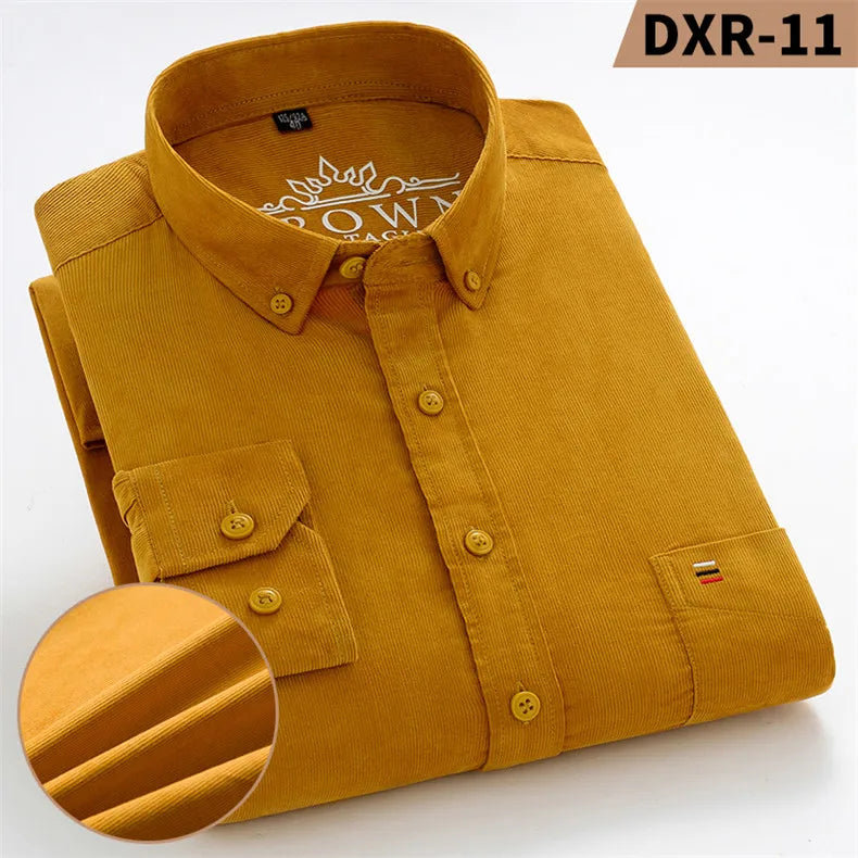Autumn Winter Men Long Sleeve Regular Fit Business    Solid Corduroy100%  Cotton Casual Shirt for Mens Office Shirts with Pocket