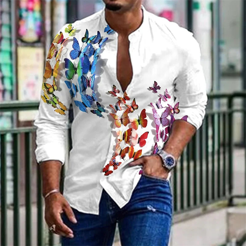 2023 New Men's Shirt Colorful Butterfly Parrot Print Short Sleeve Shirt Casual Men's Top Lapel Cardigan Shirt