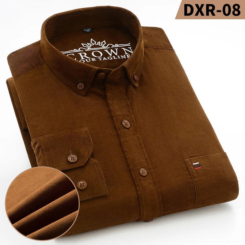 Autumn Winter Men Long Sleeve Regular Fit Business    Solid Corduroy100%  Cotton Casual Shirt for Mens Office Shirts with Pocket