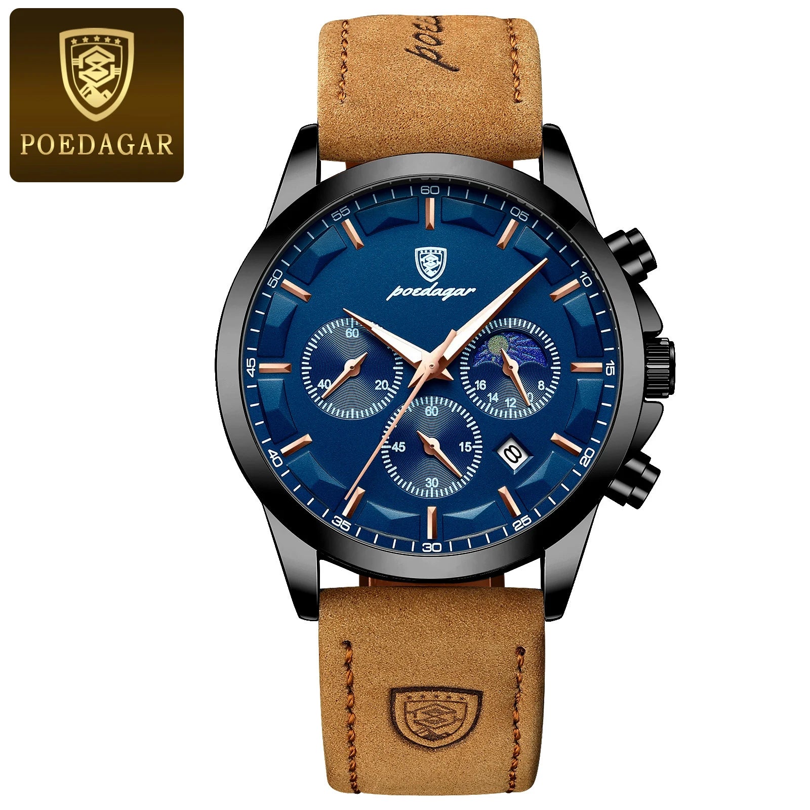 POEDAGAR Fashion Original Men's Watches Leather Date Chronograph Quartz Watch for Man Waterproof Luminous Casual New Trend Watch