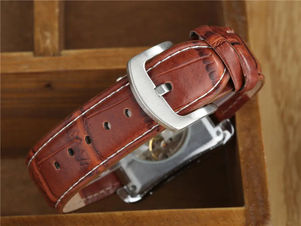 Fashion Square Watch Men Mechanical Watches T-GOER Leather Band Skeleton Automatic Mechanical Wristwatches Relogio Masculino