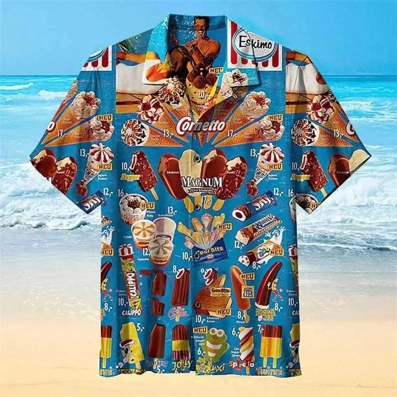 Cold Ice Cream Graphic Hawaiian Shirt For Men 3D Printed Popsicle Aloha Shirts Summer Short Sleeve Beach Lapel Blouse Tops