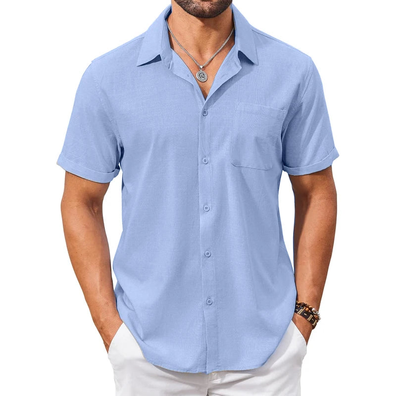 Summer Men's Cotton Short Sleeve Shirt Vintage Casual Beach T-shirt Breathable Oversize Streetwear Collar Tshirts with Pocket