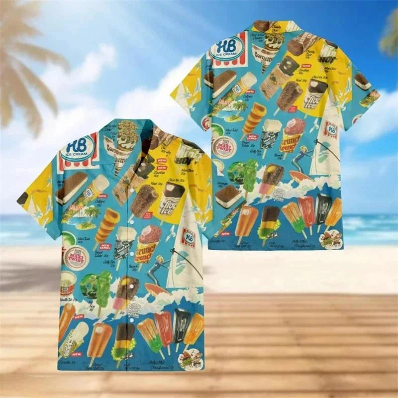 Cold Ice Cream Graphic Hawaiian Shirt For Men 3D Printed Popsicle Aloha Shirts Summer Short Sleeve Beach Lapel Blouse Tops