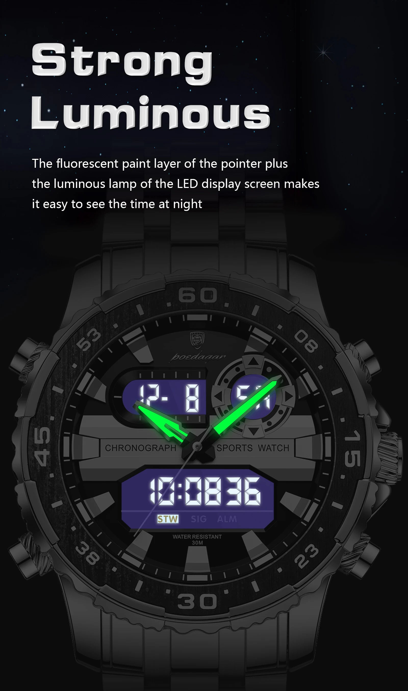 POEDAGAR Military Man Watch Week Date LED Luminous Sports Men Watch Dual Time Digital Electronic Men's Quartz Watches Reloj Gift