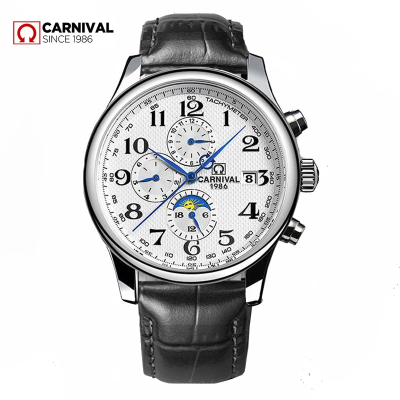 CARNIVAL Moon Phase Date Men's Watches Luxury Brand Automatic Mechanical Watch Men Business Leather Clock Reloj Hombre