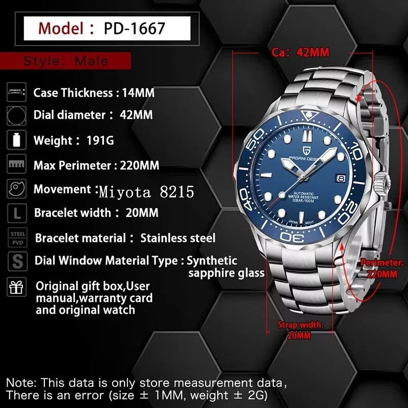 PAGANI DESIGN Luxury Brand Men's Automatic Watches Top 007 Commander Men Mechanical Wristwatch Japan NH35A Stainless Steel 1667