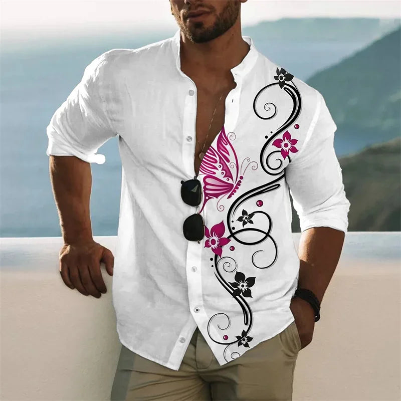 2023 New Men's Shirt Colorful Butterfly Parrot Print Short Sleeve Shirt Casual Men's Top Lapel Cardigan Shirt