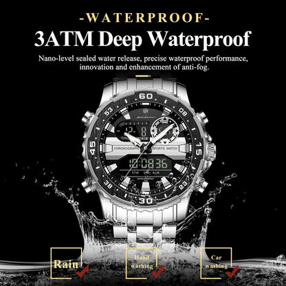 POEDAGAR Military Man Watch Week Date LED Luminous Sports Men Watch Dual Time Digital Electronic Men&