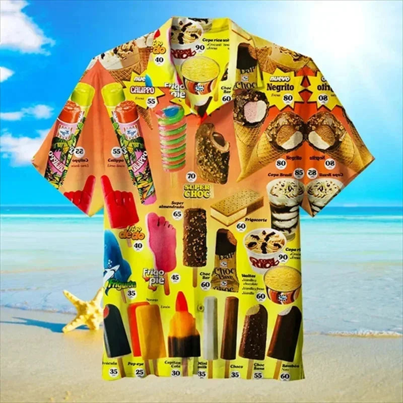 Cold Ice Cream Graphic Hawaiian Shirt For Men 3D Printed Popsicle Aloha Shirts Summer Short Sleeve Beach Lapel Blouse Tops