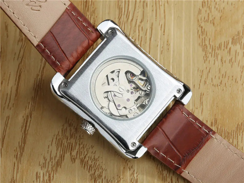 Fashion Square Watch Men Mechanical Watches T-GOER Leather Band Skeleton Automatic Mechanical Wristwatches Relogio Masculino